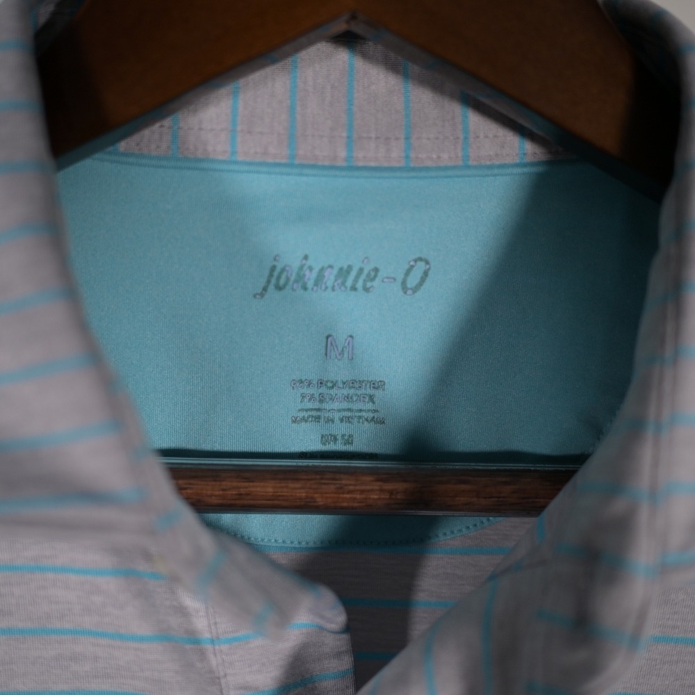 Johnnie-O Mens Striped Performance Polo Shirt Grey Turquoise Size M Golf Casual - Picture 2 of 8